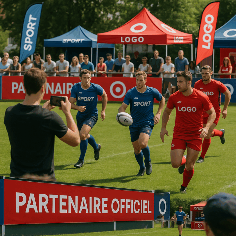 Match de rugby avec spectateurs et logos.