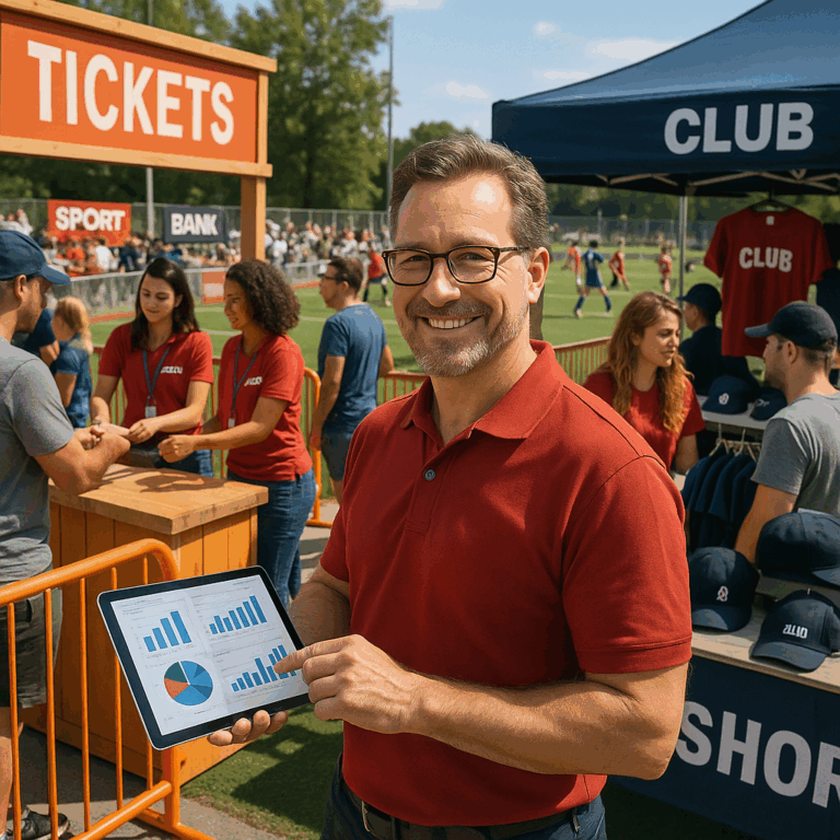 Homme souriant avec une tablette aux tickets d'événements.