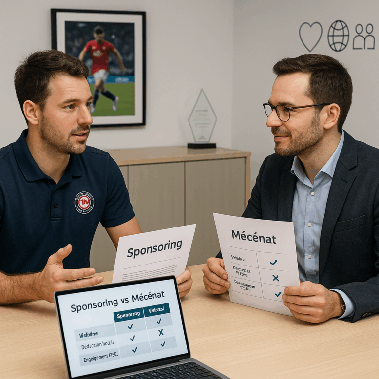 Deux hommes discutent de sponsoring et mécénat.