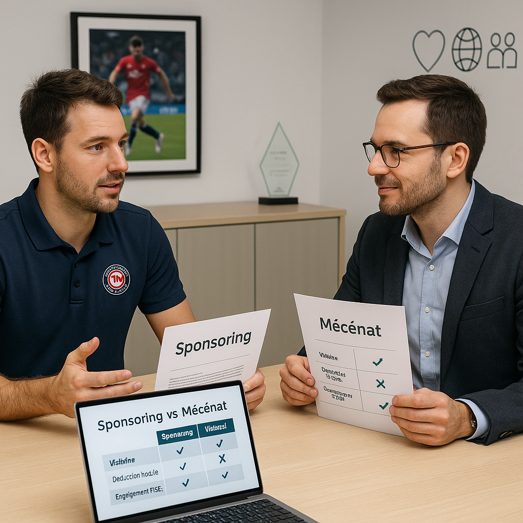 Deux hommes discutent de sponsoring et mécénat.